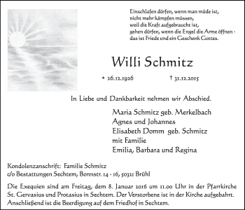 Anzeige von Willi Schmitz von  Schlossbote/Werbekurier 