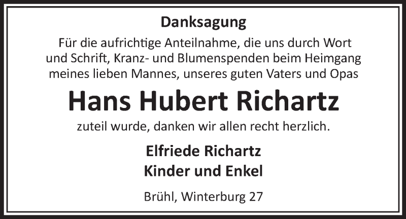  Traueranzeige für Hans Hubert Richartz vom 27.01.2016 aus  Schlossbote/Werbekurier 