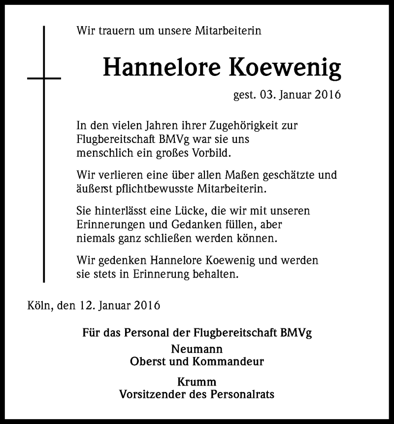  Traueranzeige für Hannelore Koewenig vom 12.01.2016 aus Kölner Stadt-Anzeiger / Kölnische Rundschau / Express