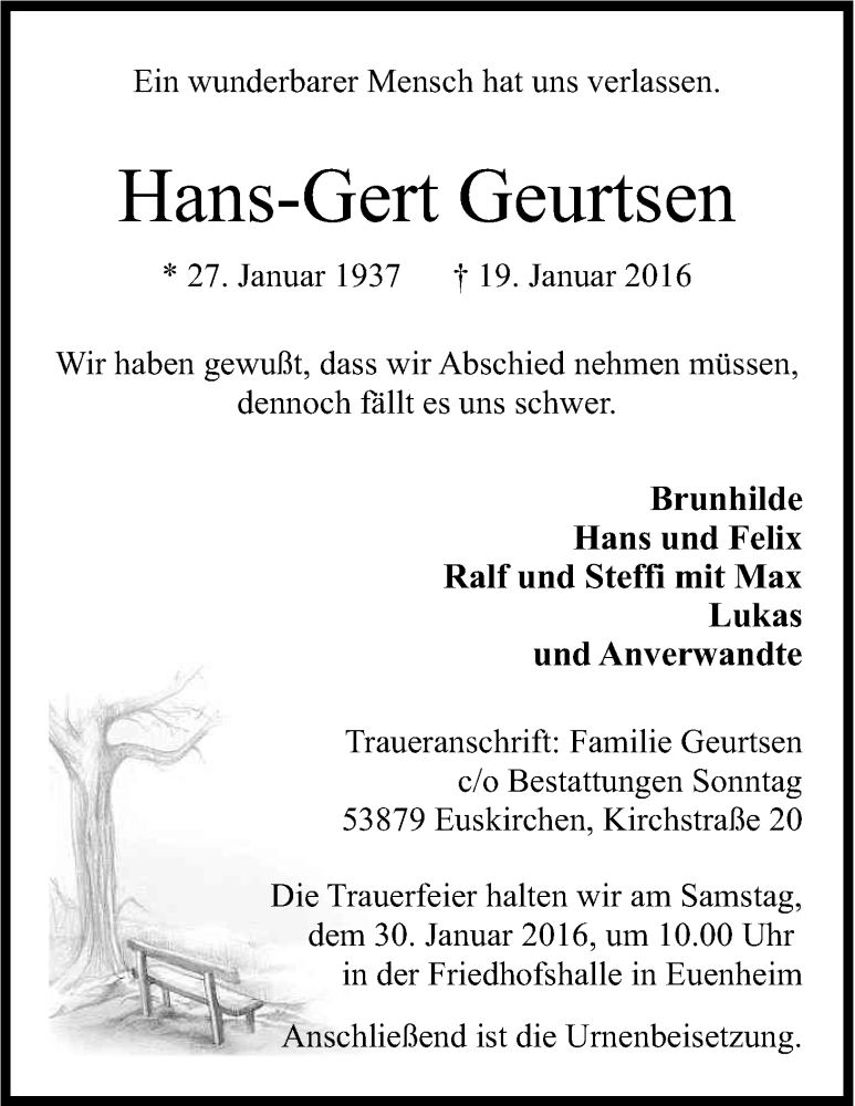  Traueranzeige für Hans-Gert Geurtsen vom 25.01.2016 aus Kölner Stadt-Anzeiger / Kölnische Rundschau / Express