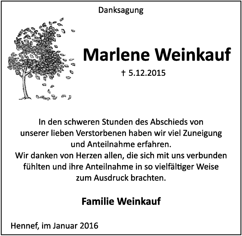  Traueranzeige für Marlene Weinkauf vom 13.01.2016 aus  Extra Blatt 