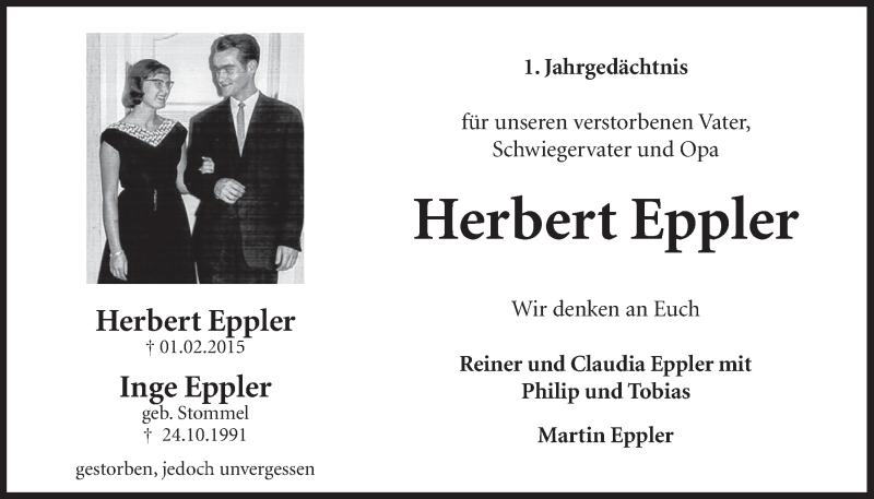  Traueranzeige für Herbert Eppler vom 27.01.2016 aus  Schlossbote/Werbekurier 