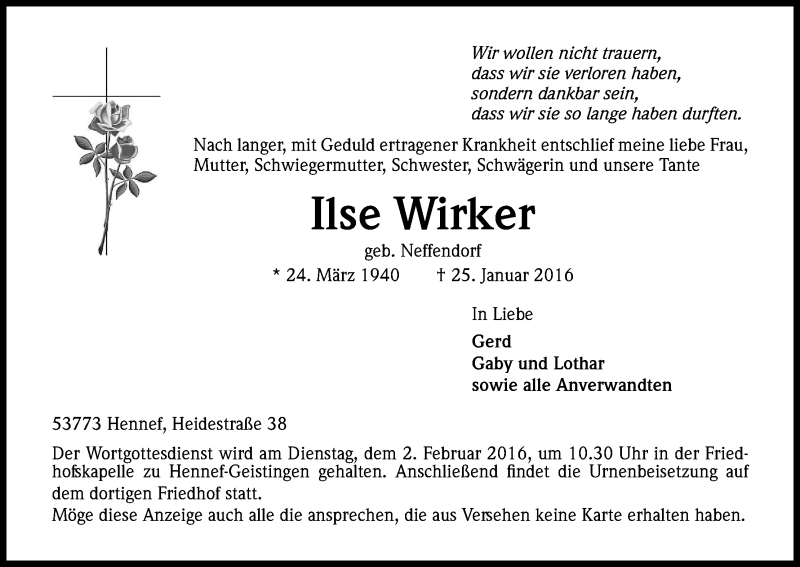  Traueranzeige für Ilse Wirker vom 30.01.2016 aus Kölner Stadt-Anzeiger / Kölnische Rundschau / Express