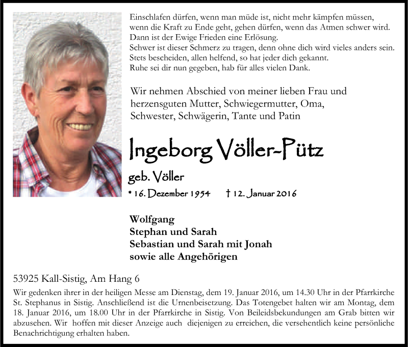  Traueranzeige für Ingeborg Völler-Pütz vom 16.01.2016 aus Kölner Stadt-Anzeiger / Kölnische Rundschau / Express