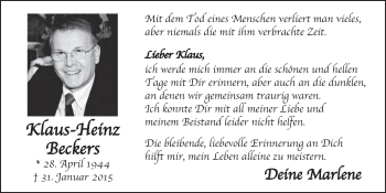 Anzeige von Klaus-Heinz Beckers von  Schlossbote/Werbekurier 