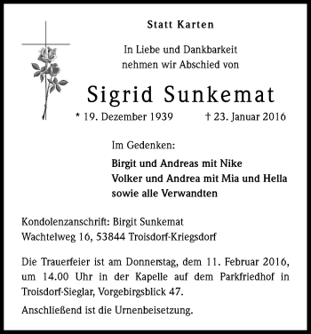 Anzeige von Sigrid Sunkemat von Kölner Stadt-Anzeiger / Kölnische Rundschau / Express