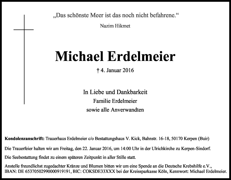  Traueranzeige für Michael Erdelmeier vom 16.01.2016 aus Kölner Stadt-Anzeiger / Kölnische Rundschau / Express