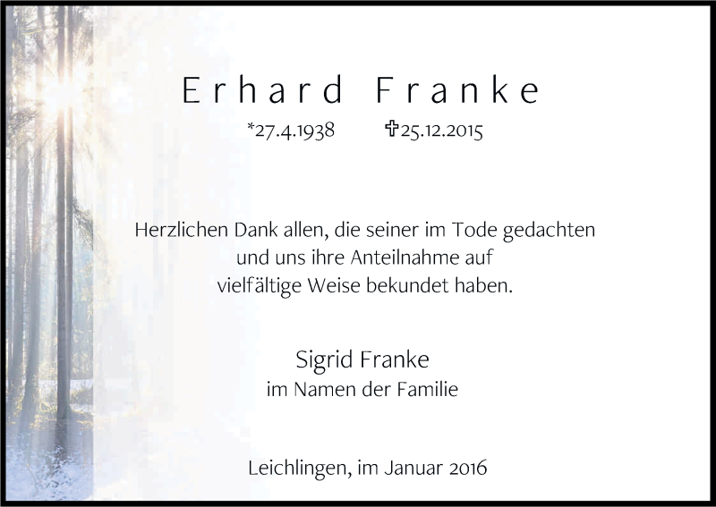  Traueranzeige für Erhard Franke vom 30.01.2016 aus Kölner Stadt-Anzeiger / Kölnische Rundschau / Express