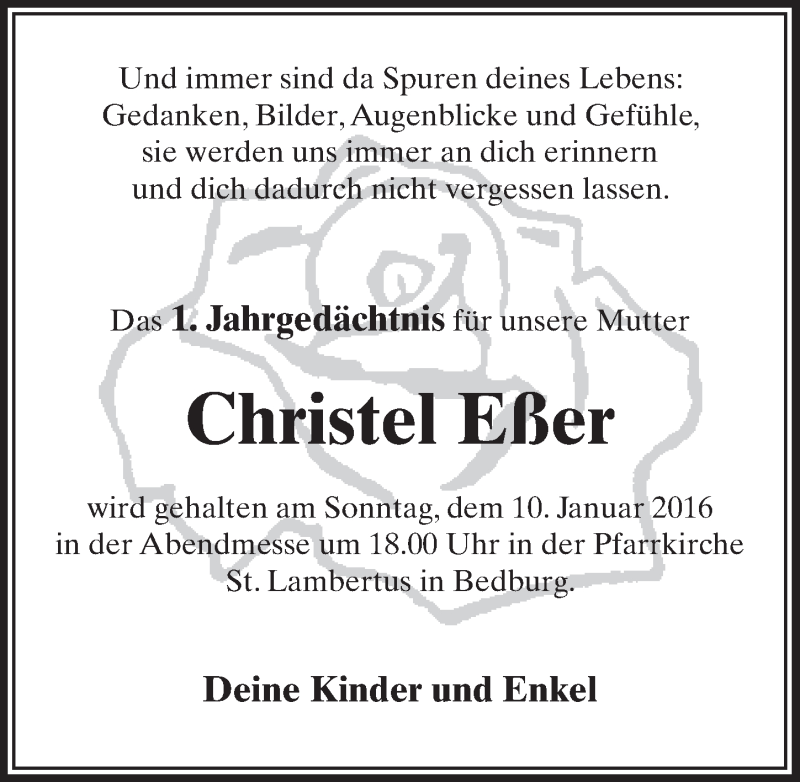  Traueranzeige für Christel Eßer vom 06.01.2016 aus  Werbepost 