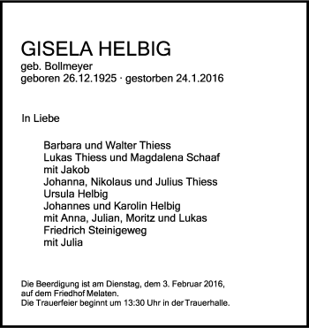 Anzeige von Gisela Helbig von Kölner Stadt-Anzeiger / Kölnische Rundschau / Express