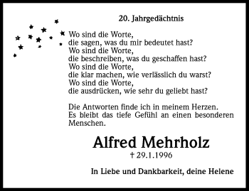 Anzeige von Alfred  Mehrholz von Kölner Stadt-Anzeiger / Kölnische Rundschau / Express