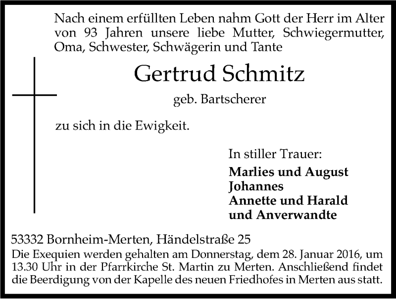 Traueranzeige für Gertrud Schmitz vom 26.01.2016 aus Kölner Stadt-Anzeiger / Kölnische Rundschau / Express