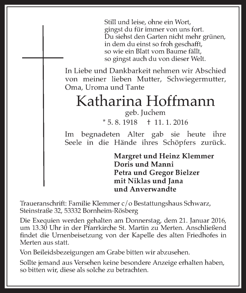  Traueranzeige für Katharina Hoffmann vom 20.01.2016 aus  Schaufenster/Blickpunkt 