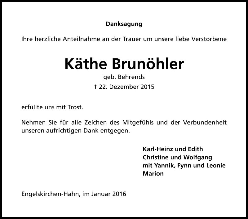  Traueranzeige für Käthe Brunöhler vom 16.01.2016 aus Kölner Stadt-Anzeiger / Kölnische Rundschau / Express