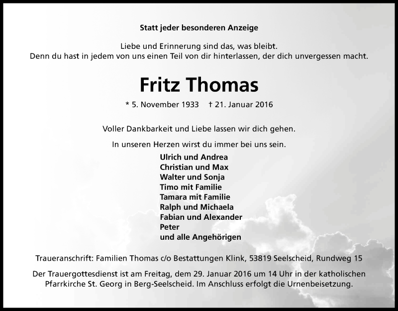  Traueranzeige für Fritz Thomas vom 23.01.2016 aus Kölner Stadt-Anzeiger / Kölnische Rundschau / Express