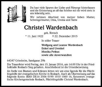 Anzeige von Christel Wardenbach von Kölner Stadt-Anzeiger / Kölnische Rundschau / Express