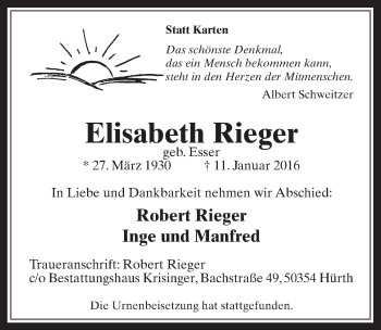Anzeige von Elisabeth Rieger von  Sonntags-Post 