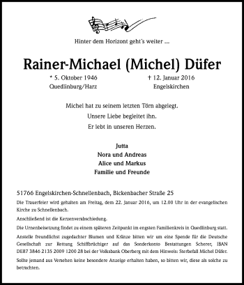 Anzeige von Rainer-Michael Düfer von Kölner Stadt-Anzeiger / Kölnische Rundschau / Express