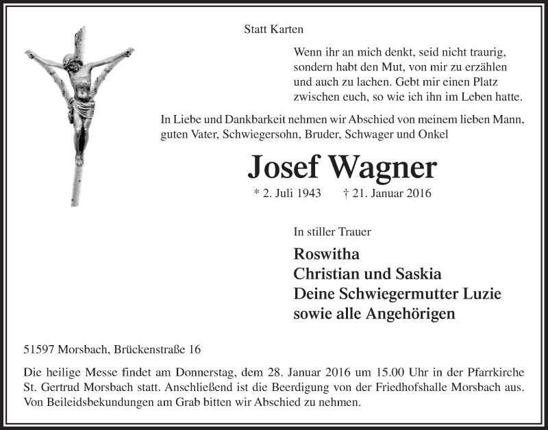  Traueranzeige für Josef Wagner vom 27.01.2016 aus  Lokalanzeiger 