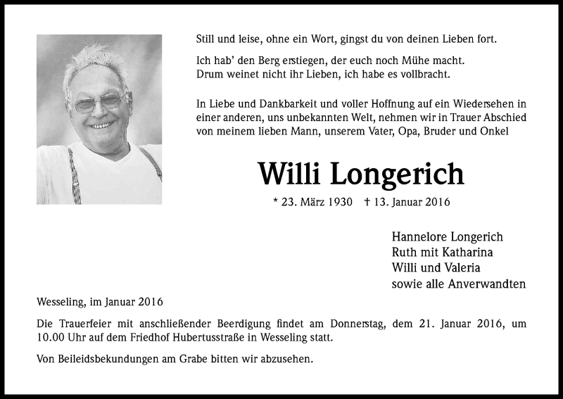  Traueranzeige für Willi Longerich vom 16.01.2016 aus Kölner Stadt-Anzeiger / Kölnische Rundschau / Express