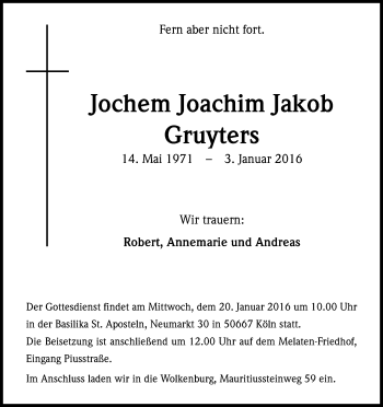 Anzeige von Jochem Joachim Jakob Gruyters von Kölner Stadt-Anzeiger / Kölnische Rundschau / Express