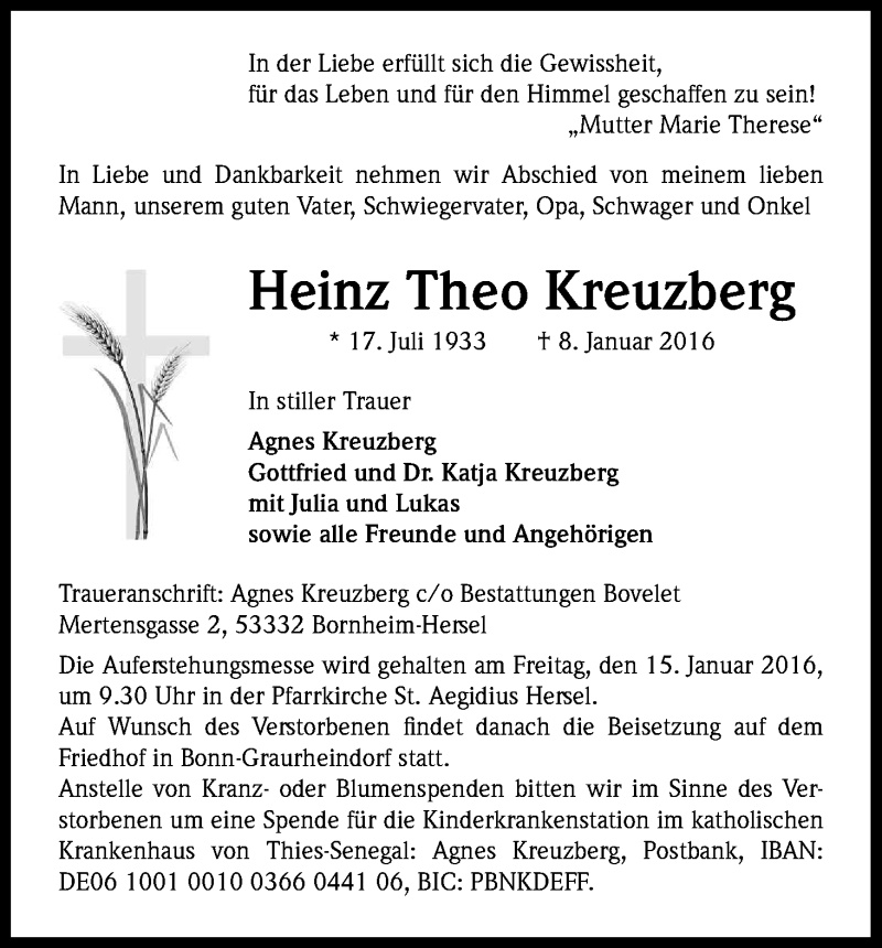  Traueranzeige für Heinz Theo Kreuzberg vom 11.01.2016 aus Kölner Stadt-Anzeiger / Kölnische Rundschau / Express