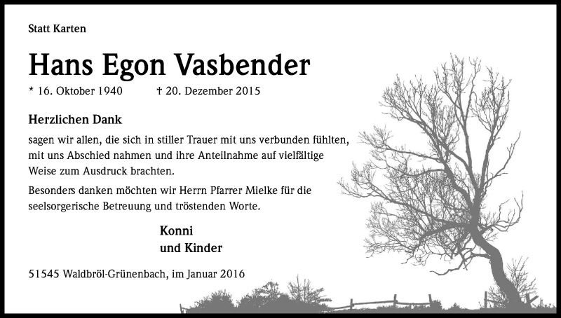  Traueranzeige für Hans Egon Vasbender vom 30.01.2016 aus Kölner Stadt-Anzeiger / Kölnische Rundschau / Express