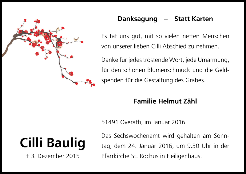  Traueranzeige für Cilli Baulig vom 15.01.2016 aus Kölner Stadt-Anzeiger / Kölnische Rundschau / Express
