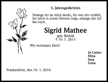 Anzeige von Sigrid Mathee von Kölner Stadt-Anzeiger / Kölnische Rundschau / Express