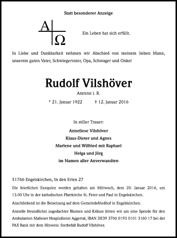 Anzeige von Rudolf Vilshöver von Kölner Stadt-Anzeiger / Kölnische Rundschau / Express