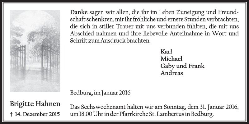  Traueranzeige für Brigitte Hahnen vom 27.01.2016 aus  Werbepost 