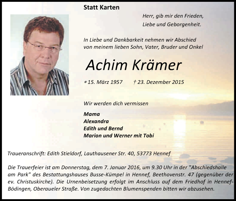  Traueranzeige für Achim Krämer vom 02.01.2016 aus Kölner Stadt-Anzeiger / Kölnische Rundschau / Express