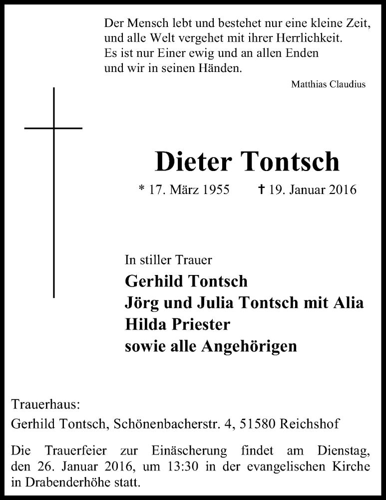  Traueranzeige für Dieter Tontsch vom 23.01.2016 aus Kölner Stadt-Anzeiger / Kölnische Rundschau / Express