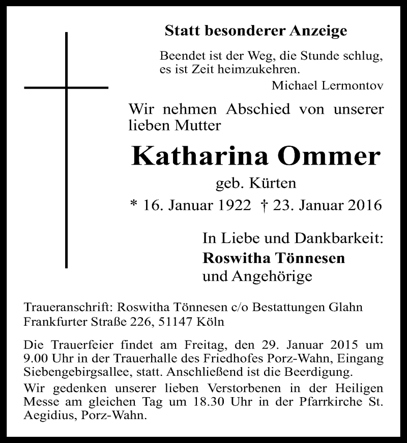  Traueranzeige für Katharina Ommer vom 27.01.2016 aus  Kölner Wochenspiegel 