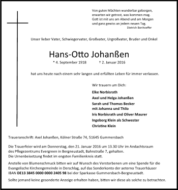 Anzeige von Hans-Otto Johanßen von Kölner Stadt-Anzeiger / Kölnische Rundschau / Express