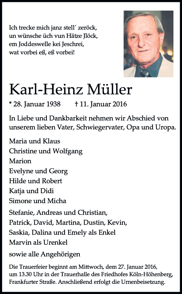  Traueranzeige für Karl-Heinz Müller vom 23.01.2016 aus Kölner Stadt-Anzeiger / Kölnische Rundschau / Express