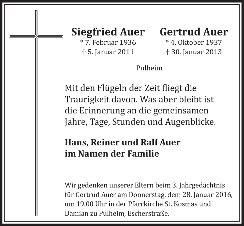  Traueranzeige für Siegfried und Gertrud Auer vom 23.01.2016 aus  Sonntags-Post 