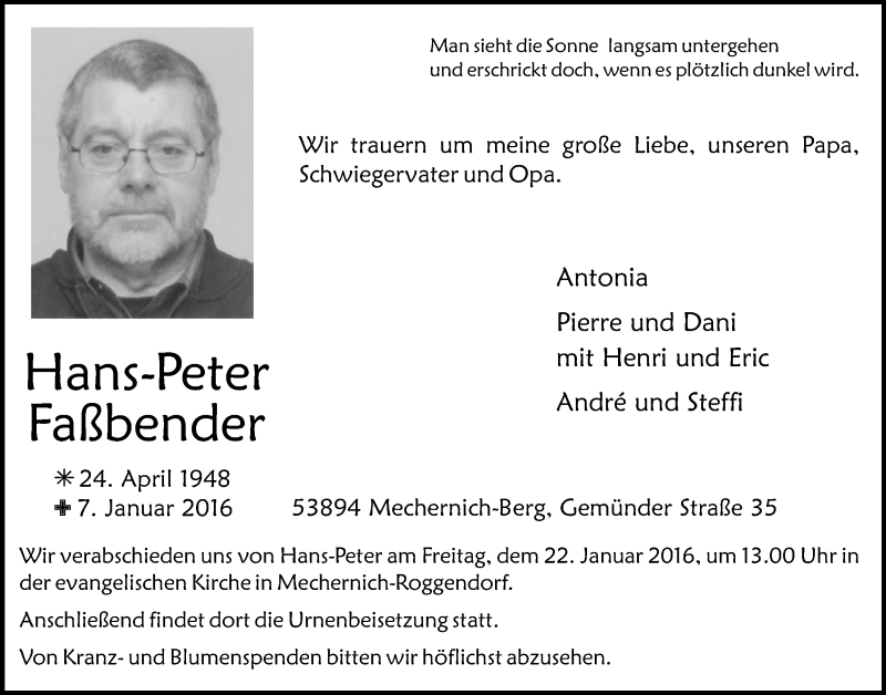  Traueranzeige für Hans-Peter Faßbender vom 17.01.2016 aus  Blickpunkt Euskirchen 