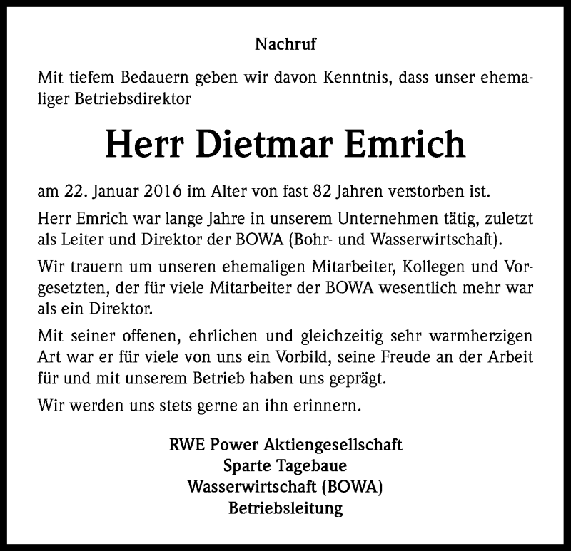  Traueranzeige für Dietmar Emrich vom 27.01.2016 aus Kölner Stadt-Anzeiger / Kölnische Rundschau / Express