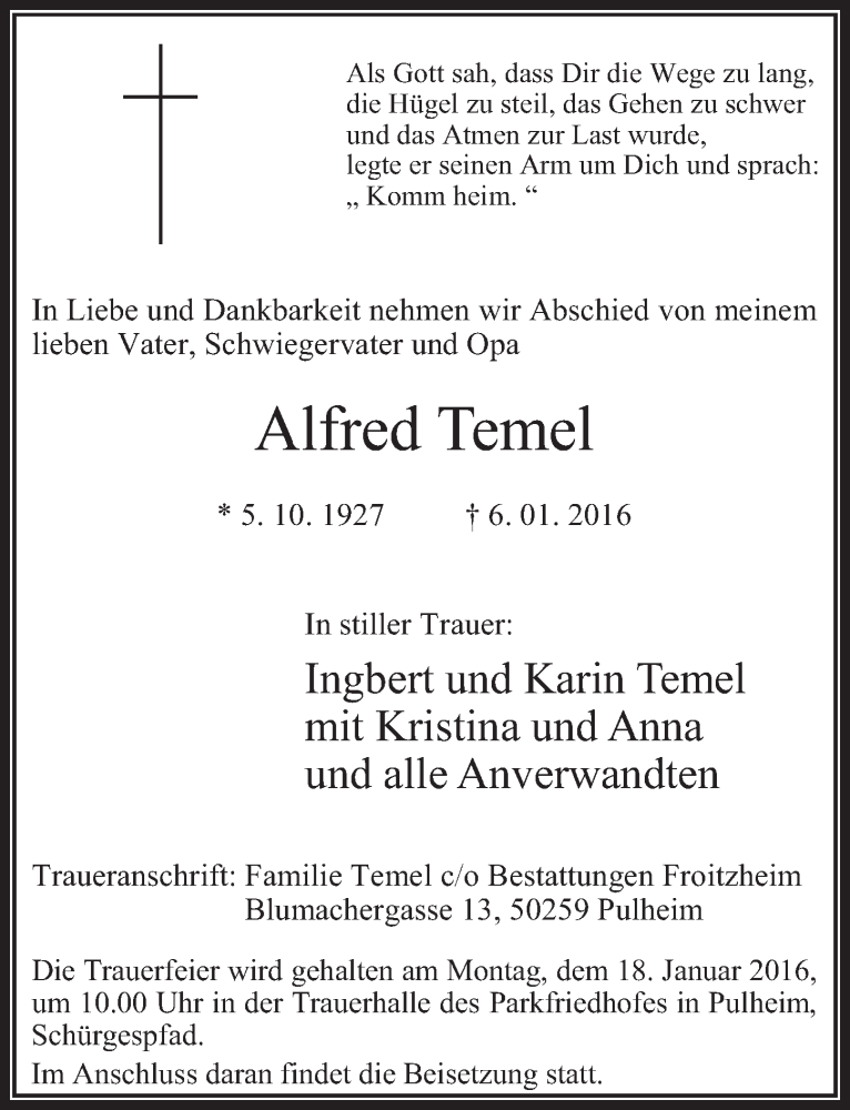  Traueranzeige für Alfred Temel vom 13.01.2016 aus  Wochenende 