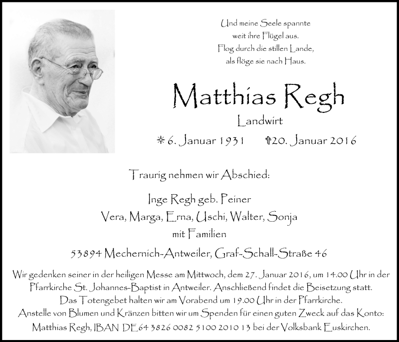  Traueranzeige für Matthias Regh vom 24.01.2016 aus  Blickpunkt Euskirchen 