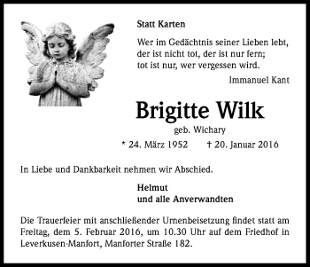 Anzeige von Brigitte Wilk von Kölner Stadt-Anzeiger / Kölnische Rundschau / Express