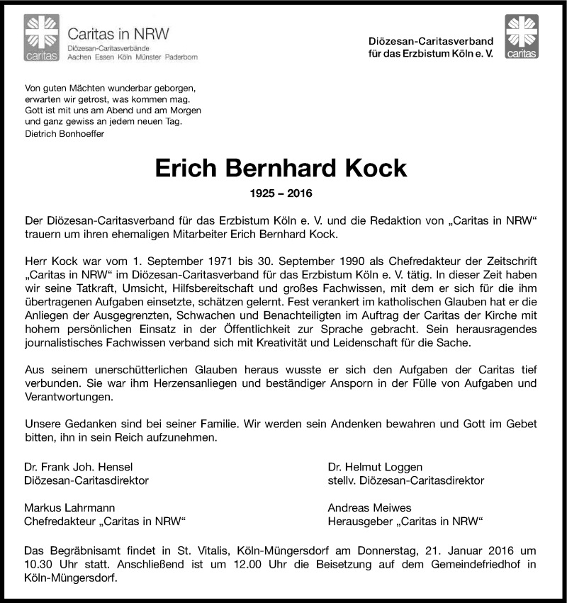  Traueranzeige für Erich Bernhard Kock vom 20.01.2016 aus Kölner Stadt-Anzeiger / Kölnische Rundschau / Express