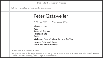 Anzeige von Peter Gatzweiler von  Blickpunkt Euskirchen 