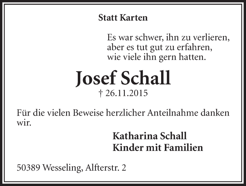  Traueranzeige für Josef Schall vom 13.01.2016 aus  Schlossbote/Werbekurier 