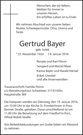Anzeige von Gertrud Bayer von  Kölner Wochenspiegel 