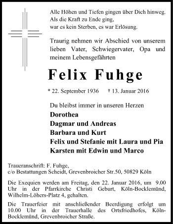 Anzeige von Felix Fuhge von Kölner Stadt-Anzeiger / Kölnische Rundschau / Express