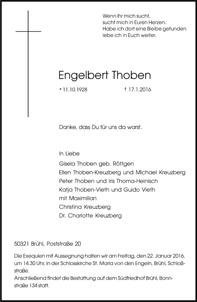  Traueranzeige für Engelbert Thoben vom 20.01.2016 aus Kölner Stadt-Anzeiger / Kölnische Rundschau / Express