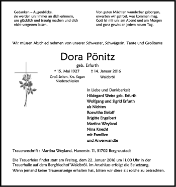Anzeige von Dora Pönitz von Kölner Stadt-Anzeiger / Kölnische Rundschau / Express
