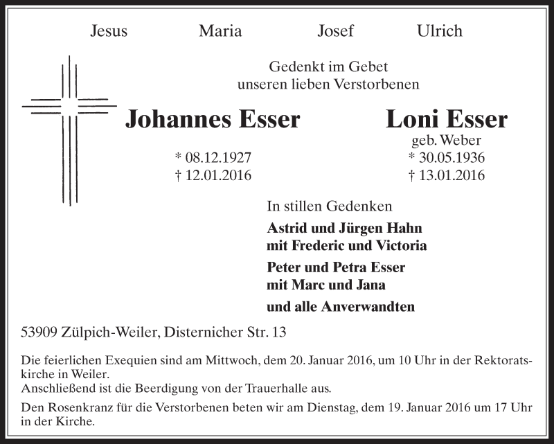  Traueranzeige für Johannes und Loni Esser vom 17.01.2016 aus  Blickpunkt Euskirchen 